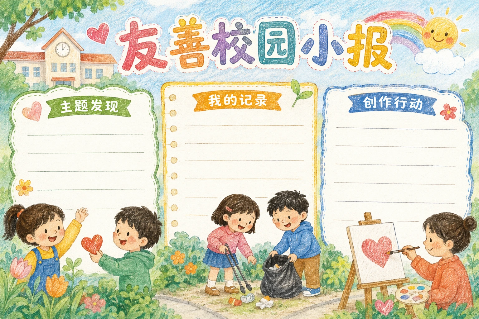 友善校园小报 · AI 生成的版式预览