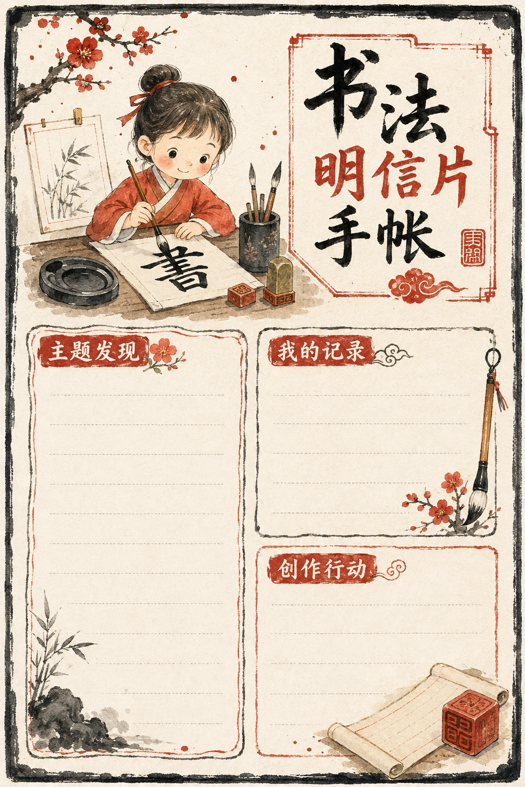 书法明信片手帐 · AI 生成的版式预览