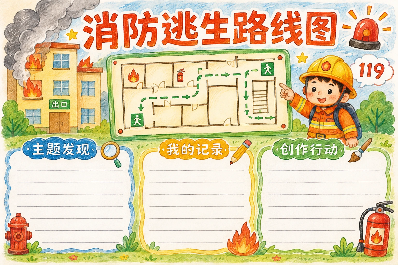 消防逃生路线图 · AI 生成的版式预览