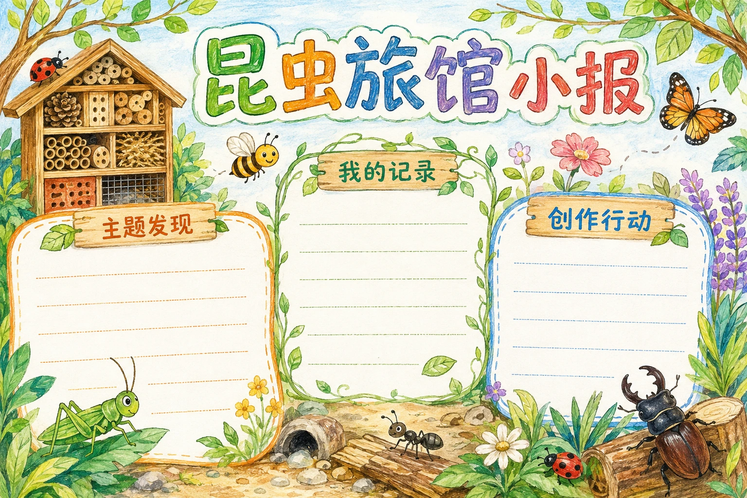 昆虫旅馆小报 · AI 生成的版式预览