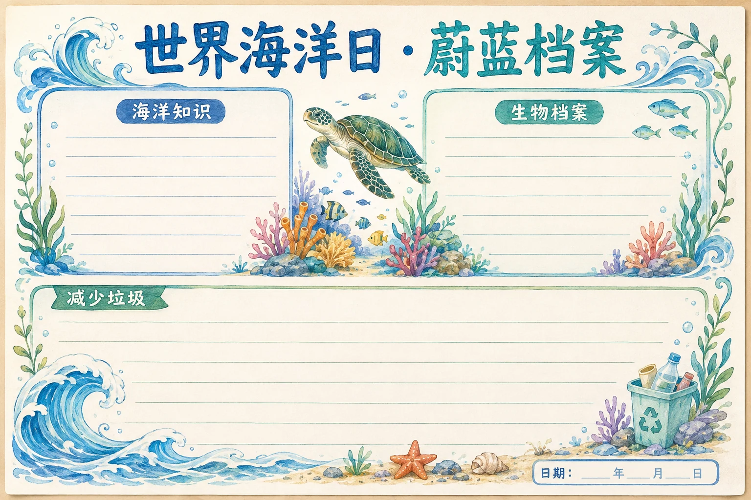 世界海洋日 · 蔚蓝档案 · AI 生成的版式预览