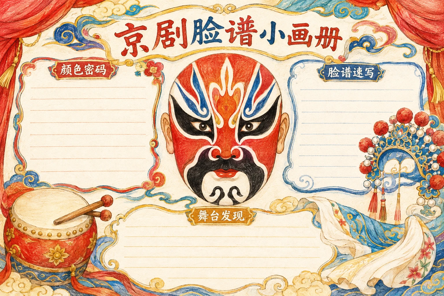 京剧脸谱小画册 · AI 生成的版式预览