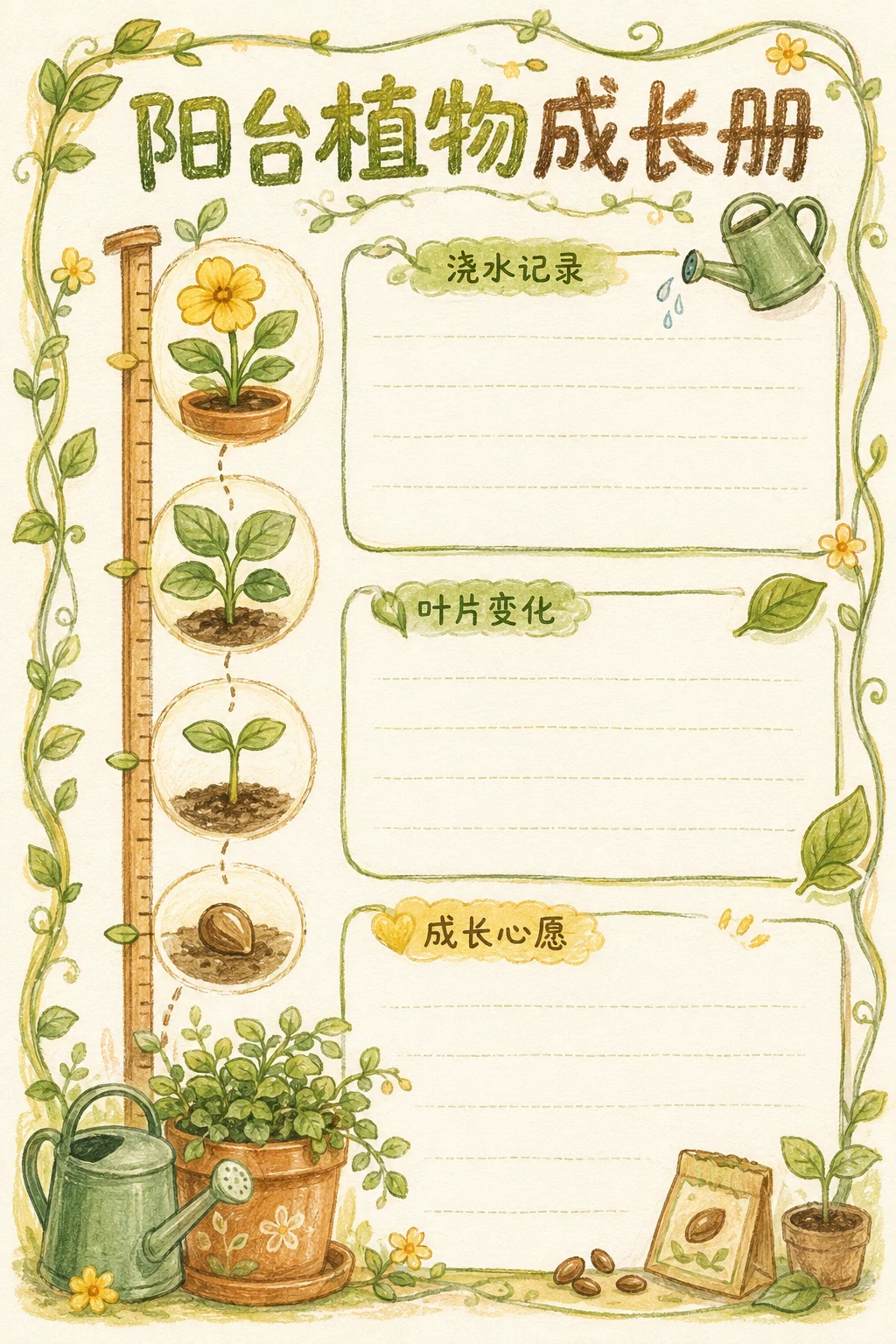 阳台植物成长册 · AI 生成的版式预览