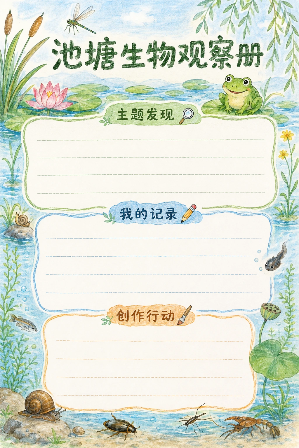 池塘生物观察册 · AI 生成的版式预览
