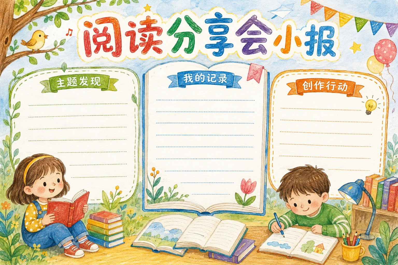 阅读分享会小报 · AI 生成的版式预览
