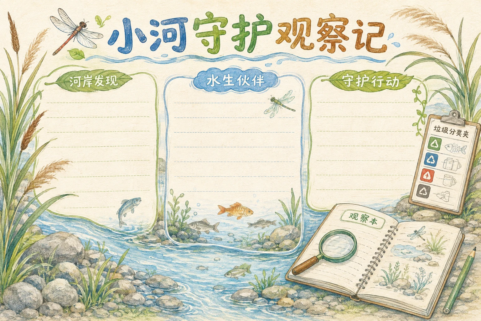 小河守护观察记 · AI 生成的版式预览