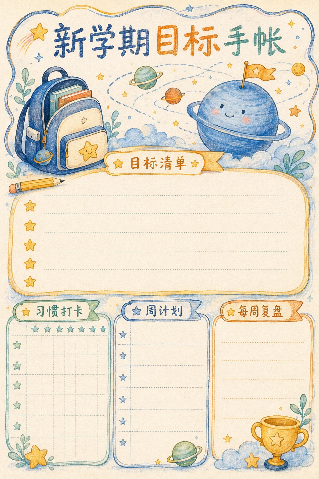 新学期目标手帐 · AI 生成的版式预览