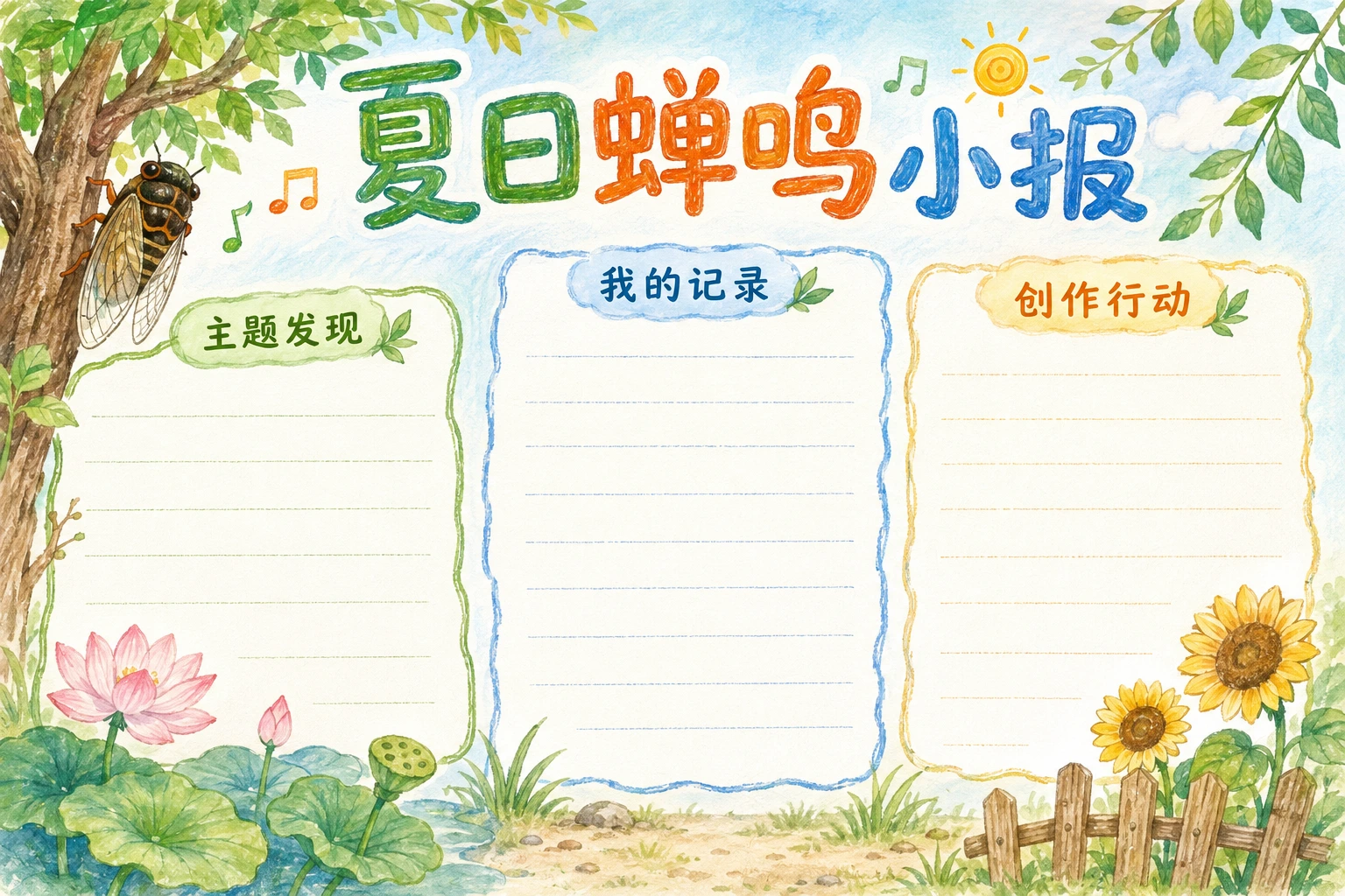夏日蝉鸣小报 · AI 生成的版式预览