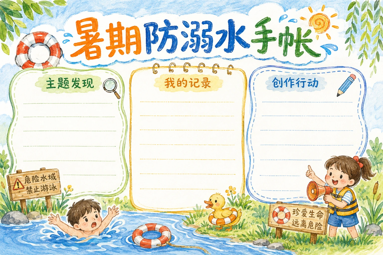 暑期防溺水手帐 · AI 生成的版式预览