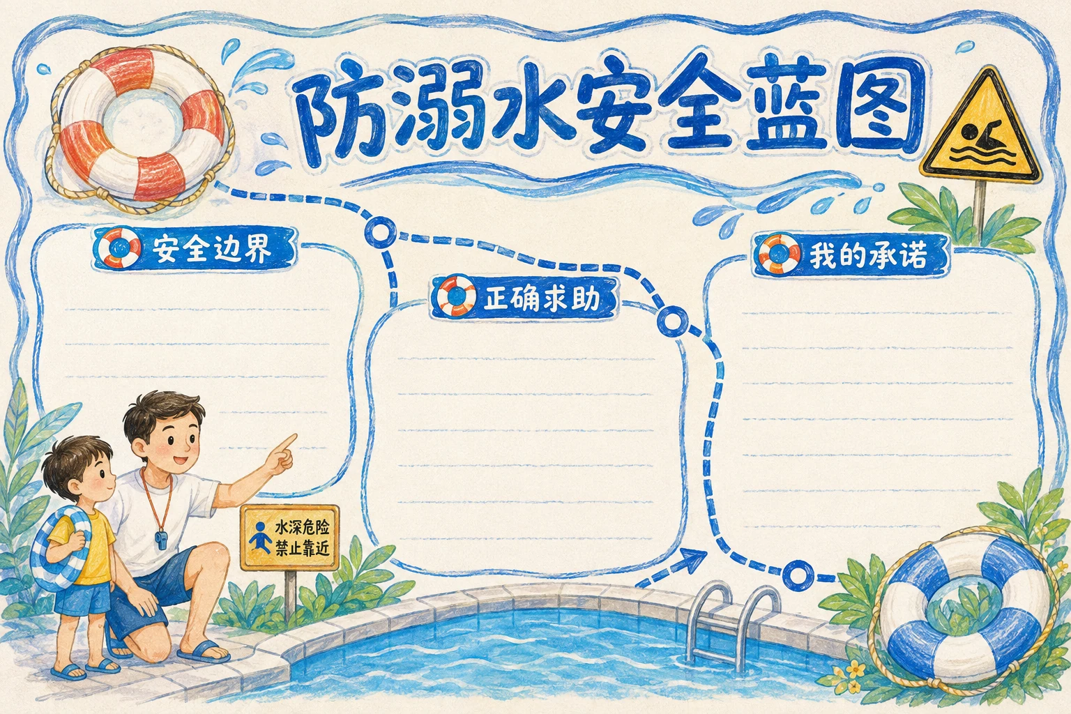 防溺水安全蓝图 · AI 生成的版式预览
