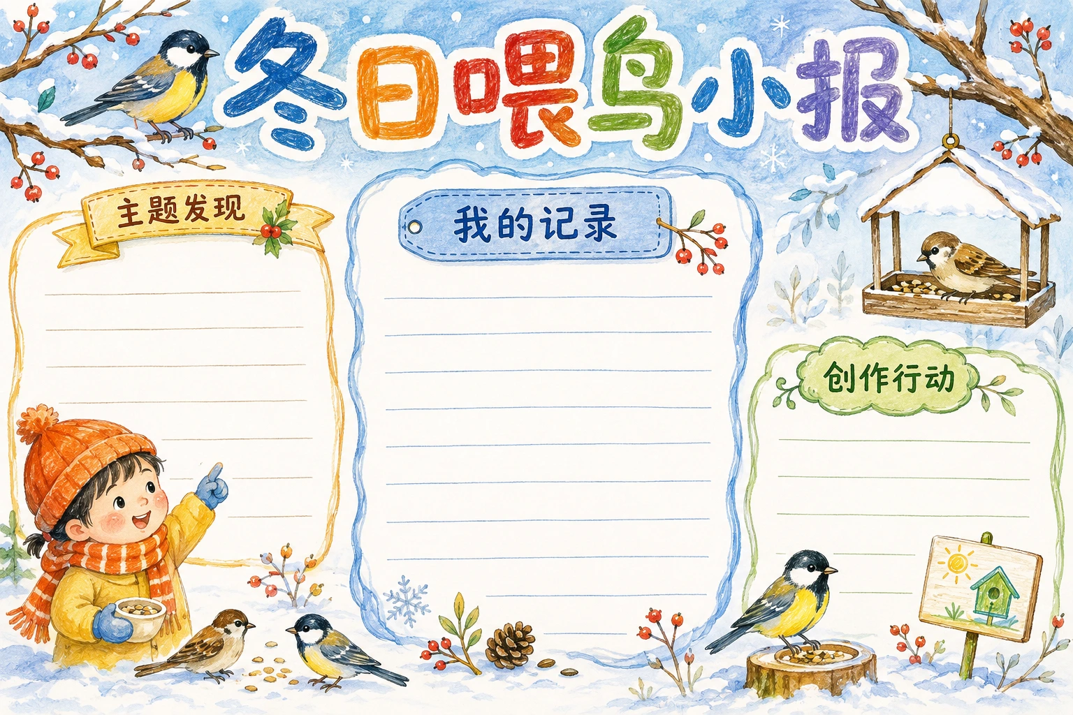 冬日喂鸟小报 · AI 生成的版式预览