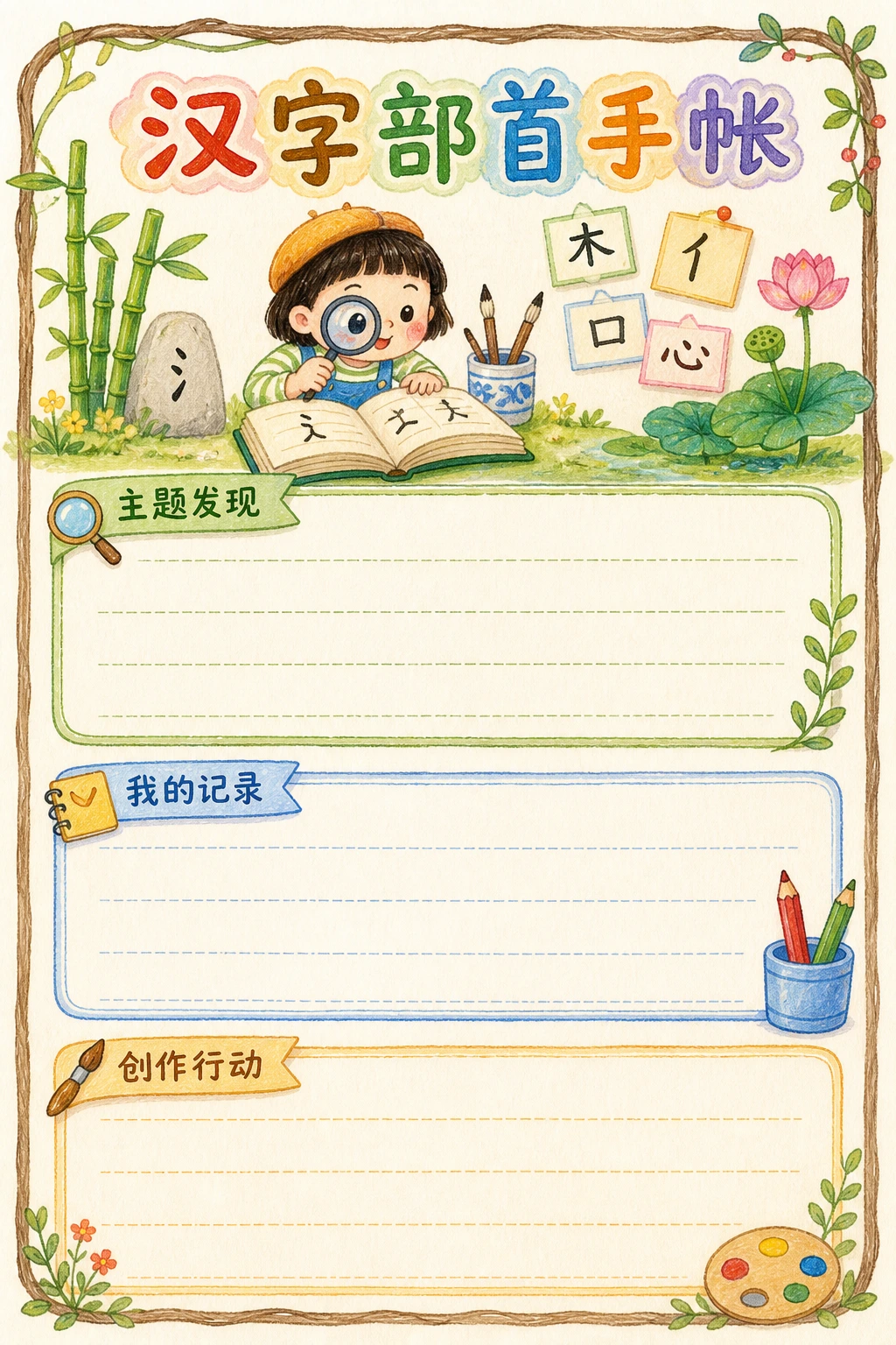 汉字部首手帐 · AI 生成的版式预览